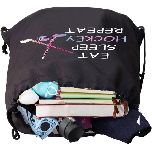 Hockey Lovers Gifts Hockey Eat Sleep Hockey Drawstring Bag Hockey Player NWOT - Picture 6 of 7